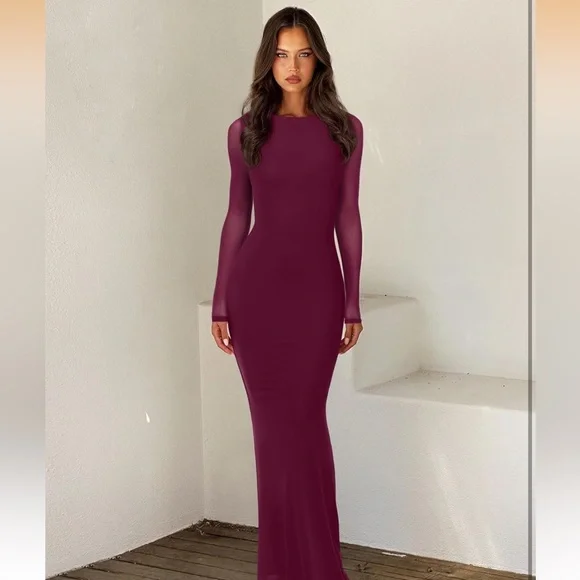 ReoRia Elegant Long-Sleeve Plum Evening Gown - Medium - Picture 3 of 10